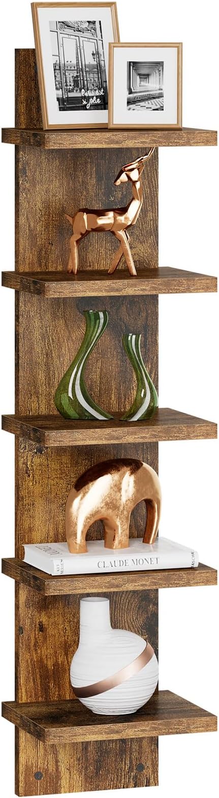 IBUYKE 5 Tier Wall Shelf Unit,Brown Vertical Shelf,Decorative Wall Mount Vertical Shelving for Home, Bedroom,Living Room,Office Decor WBC009H