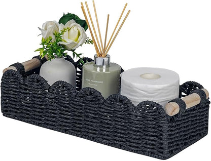 CubesLand Toilet Paper Storage Basket Scalloped Edge Home Decor Basket, Living Room Cozy Decor, Paper Rope Small Baskets for Over Toilet Storage Shelf, Shelves, with 2 Wooden Handles, Black