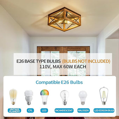 Flush Mount Ceiling Light Fixture for Kitchen Hallway, 2-Light Close to Ceiling Light with Black Metal and Wood Design, Rustic Farmhouse Ceiling (Bulb not Included)