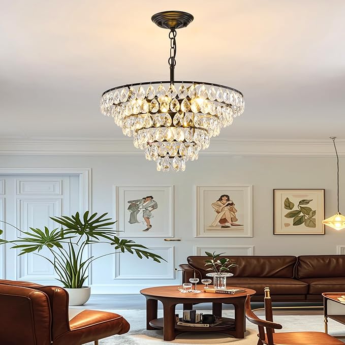 YYJLX Modern Crystal Chandelier 7 Light 20" Raindrop Black Ceiling Chandelier Adjustable Hanging Light Fixture for Dining Room Foyer Entryway Staircase Living Room