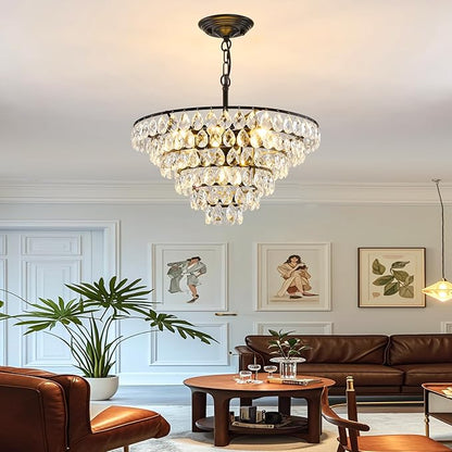 YYJLX Modern Crystal Chandelier 7 Light 20" Raindrop Black Ceiling Chandelier Adjustable Hanging Light Fixture for Dining Room Foyer Entryway Staircase Living Room