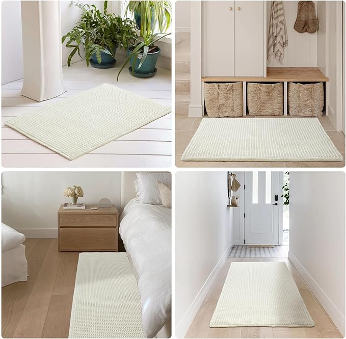 Cream White Long Bathroom Rugs, Waffle Runner Rug Bathroom Non Slip Washable Super Absorbent Quick Dry Boho Farmhouse Bath Mat, 60"x24" Cream White