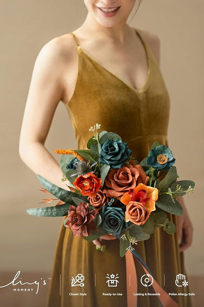 Ling's moment Artificial Flowers Teal Bridesmaid Bouquet, Burnt Orange Wedding Flowers Bouquets for Bridesmaids, 7 Inch Bridal Bouquets for Bridesmaids, Wedding Decor, Ceremony, etc.