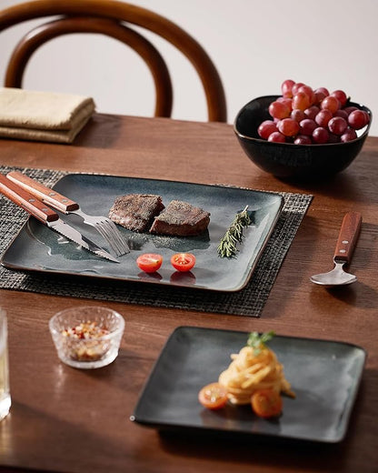 Famiware Dinnerware Sets for 4, Ocean Square 12-Piece Kitchen Plates and Bowls Sets, Reactive Glaze, Microwave and Dishwasher Safe, Scratch Resistant, Deep Forest