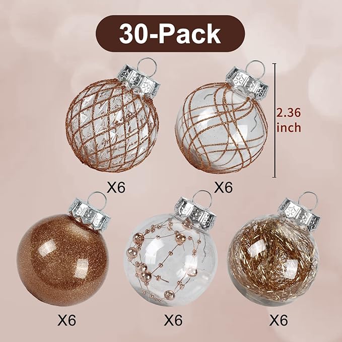 2.36" Clear Christmas Ball Ornaments, 30 pcs Shatterproof Plastic Baubles for Tree Decorations, Party, Holiday - Champagne Gold