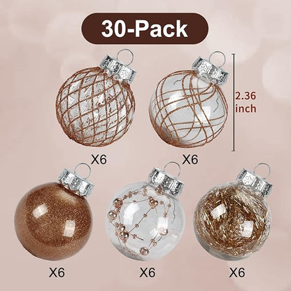 2.36" Clear Christmas Ball Ornaments, 30 pcs Shatterproof Plastic Baubles for Tree Decorations, Party, Holiday - Champagne Gold