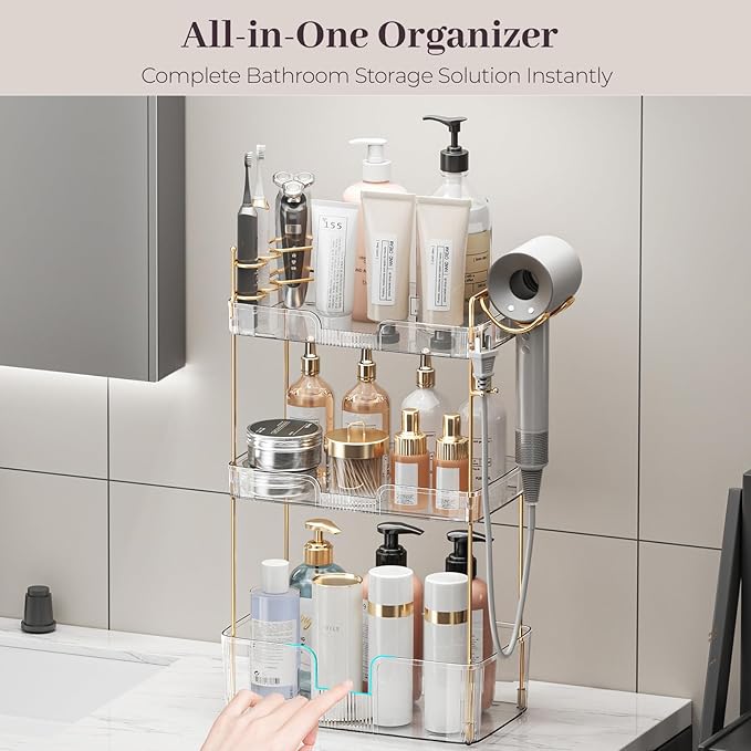 Bathroom Counter Organizer Countertop, 3 Tier Makeup Perfume Storage with Hair Dryer Rack and Toothbrush Holder, Cosmetic Tray for Vanity - Clear