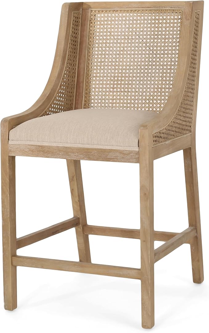 Merax 25.5" Fabric Upholstered Wood and Cane Counter Stools with Backrest,Set of 2,French Country Barstools Dining Chair