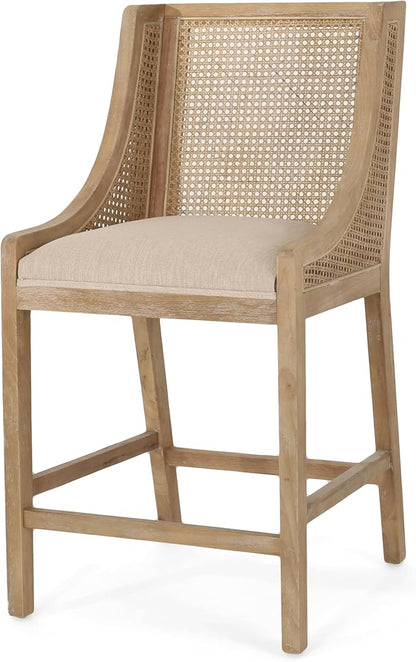 Merax 25.5" Fabric Upholstered Wood and Cane Counter Stools with Backrest,Set of 2,French Country Barstools Dining Chair