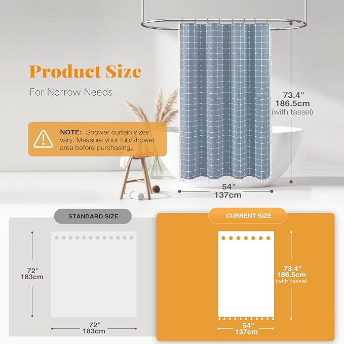 BTTN Stall Fabric Shower Curtain - 54x72 Inches Boho Linen Heavy Duty Tassel Cloth Shower Curtain Set with 10 Hooks, Narrow Rustic Modern Farmhouse Neutral Thick Shower Curtains for Bathroom - Blue