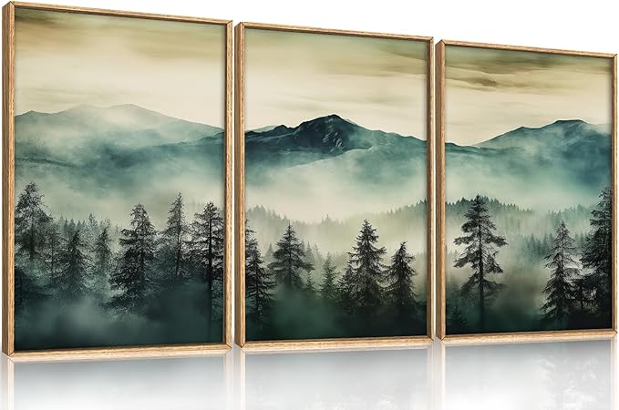HOURIA Large Boho Mountain Forest Framed Canvas Wall Art Set,Nature Foggy Woodland Wall Decor,Modern Pine Tree Artwork,Watercolor Botanical Art Print for Living Room,Bedroom,Farmhouse- 24"x36"x3