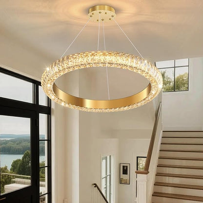 24" Ring Modern LED Dimmable Crystal Chandelier Adjustable Height Pendant Light Round Crystal Chandelier Light Fixtures for Dining Room Living Room Kitchen Island Gold