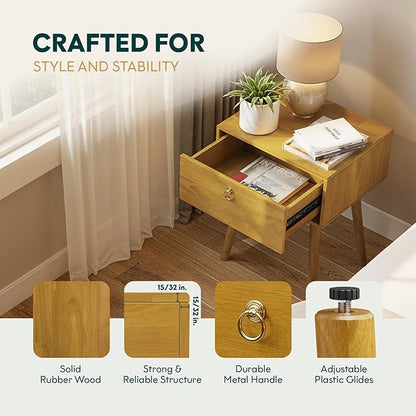 Bme Alden Wood Nightstand, Solid Wood End Table, Mid Century Modern Nightstand, Side Table with 1 Drawer, Compact for Bedroom, Living Room & Study Room, Easy Assembly, Golden Natural