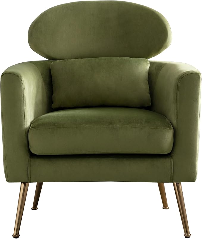 Velvet Accent Chair Comfy Living Room Chair Slipper Chair Mid Century Single Sofa Arm Chair with Golden Legs and Pillow for Bedroom/Guest Room, Olive Green