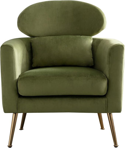 Velvet Accent Chair Comfy Living Room Chair Slipper Chair Mid Century Single Sofa Arm Chair with Golden Legs and Pillow for Bedroom/Guest Room, Olive Green