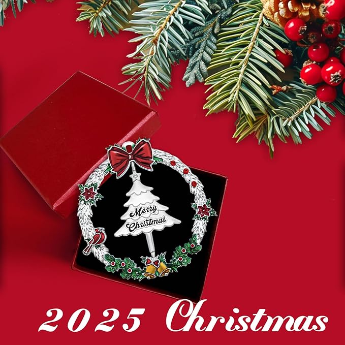 2025 Christmas Ornament,Metal Christmas Wreath Hanging Ornaments for Tree,with Rotatable Tree Dated 2025 Shiny Silver Ornaments Holiday Decorative Xmas Gifts for Family Friends