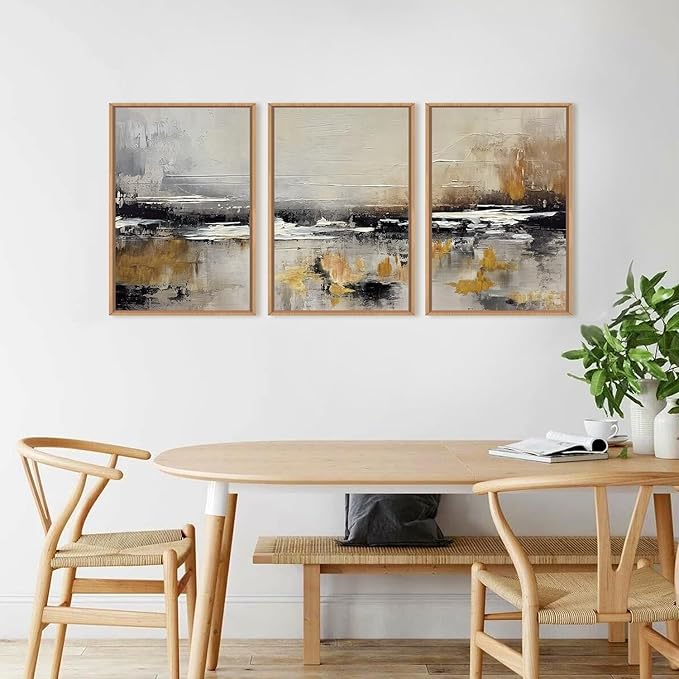 HOURIA Abstract Neutral Brown Tan Canvas Framed Wall Art Set,Textured Grunge Beige Wall Decor,Minimalist Black White Brush Stroke Artwork,Pastel Minimal Zen Print for Living Room,Bedroom-16 x24 x3