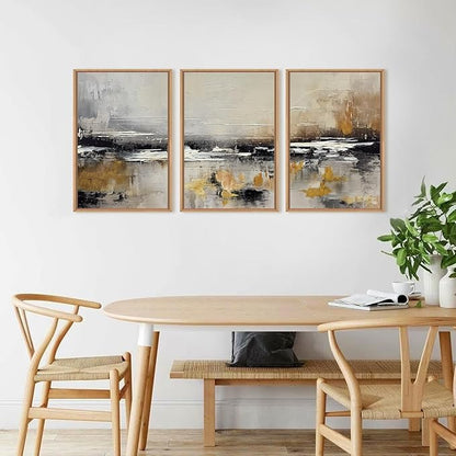 HOURIA Abstract Neutral Brown Tan Canvas Framed Wall Art Set,Textured Grunge Beige Wall Decor,Minimalist Black White Brush Stroke Artwork,Pastel Minimal Zen Print for Living Room,Bedroom-16 x24 x3