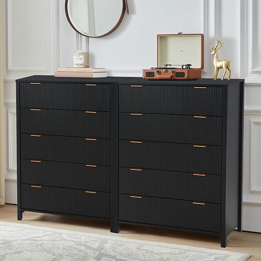 5 Drawer Double Dresser for Bedroom, Modern Wide Chest of Drawers with Fluted Panel Design,Wood Storage Dressers Chest of Drawers for Bedroom Living Room Hallway Closet,Black,2 Sets