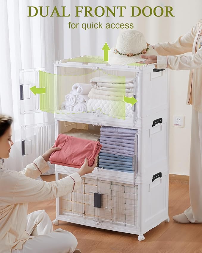 OlarHike Stackable Storage Bins with Lids Folding Storage Box with Doors and Wheels 3 Pack Cubes