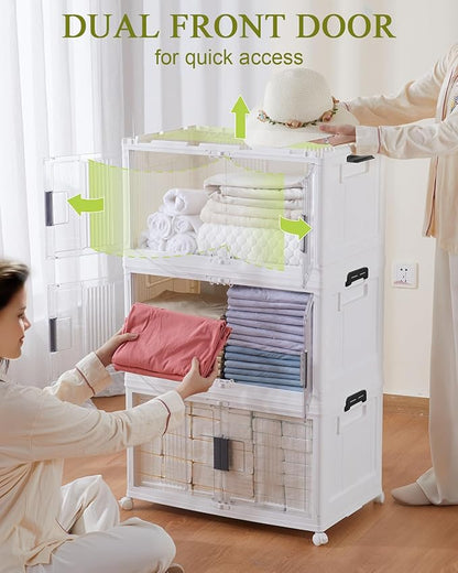 OlarHike Stackable Storage Bins with Lids Folding Storage Box with Doors and Wheels 3 Pack Cubes