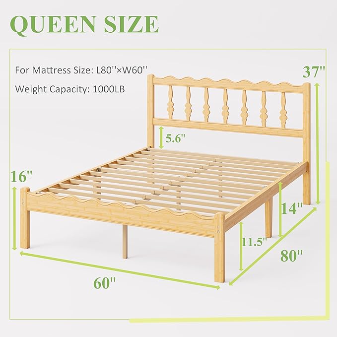 ZIYOO Solid Bamboo Wood Queen Bed Frame with Headboard, 14 inch Platform Bed Frames Queen No Box Spring Needed with Steel Slats, Sturdy and Stable, Easy Assembly, Noise Free