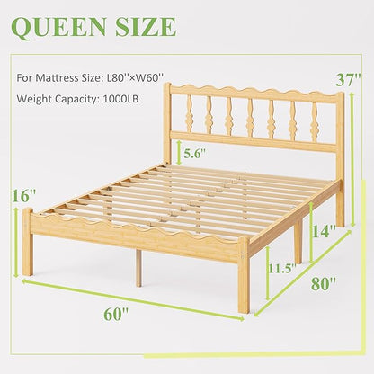 ZIYOO Solid Bamboo Wood Queen Bed Frame with Headboard, 14 inch Platform Bed Frames Queen No Box Spring Needed with Steel Slats, Sturdy and Stable, Easy Assembly, Noise Free