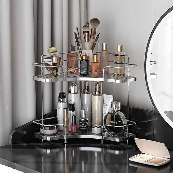 FOLLOWIN 2 Tier Bathroom Countertop Corner Organizer,Countertop Perfume Vanity Counter Shelf,Skincare Makeup Cosmetic Vanity Organizers,Silver