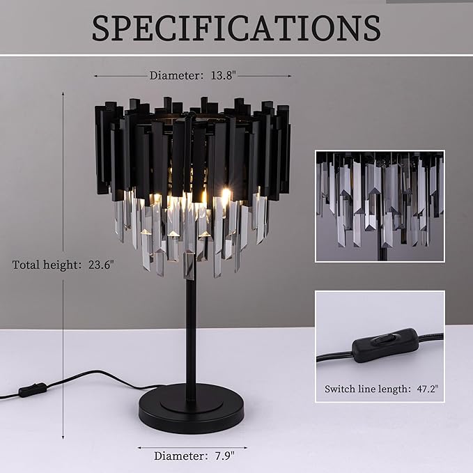Wellmet Grey Crystal Table Lamp,3 Lights Table Lamps for Bedroom,Black Bedside Nightstand Lamps for Living Room,Small Decorative Desk Lamp for Reading Room