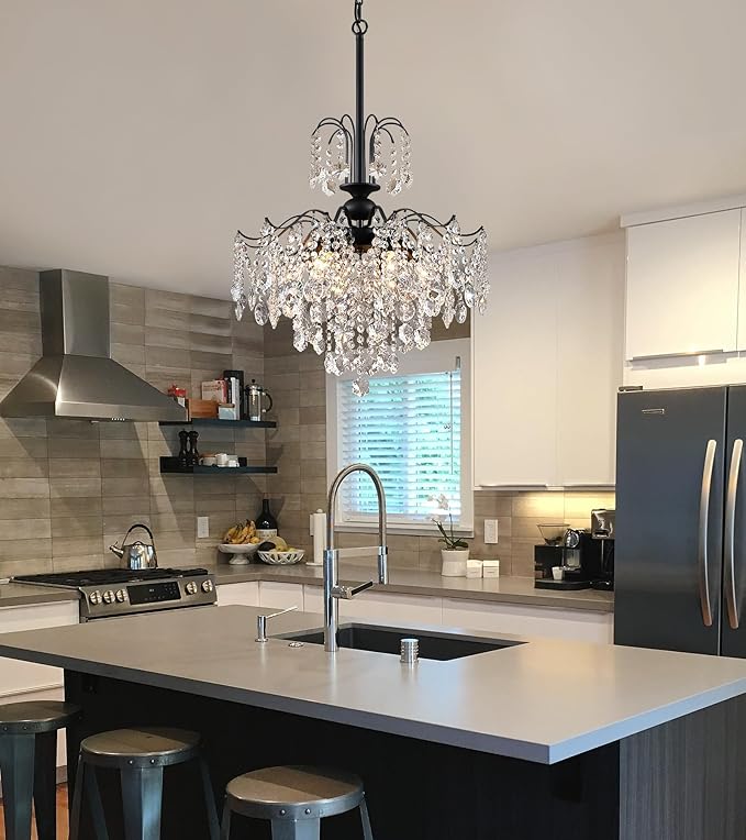 Q&S Crystal Chandelier for Dining Room,Modern Black Crystal Pendant Light,6 Lights for Kitchen Island Entryway Bathroom Office Bar UL Listed