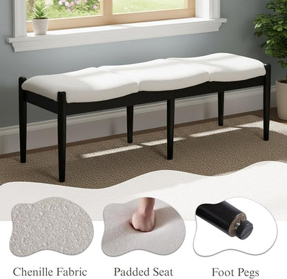 DUOMAY 55'' Modern Ottoman Bench, Chenille Upholstered Entryway Bench Bedroom Bench with Wood Legs, End of Bed Bench for Bedroom, Living Room, Corners, Kitchen, White