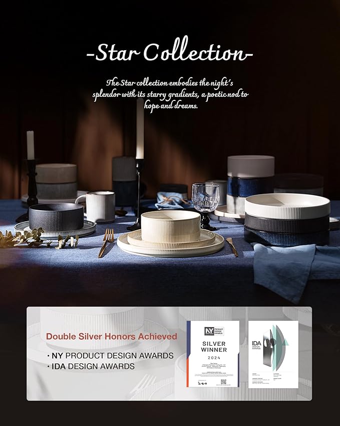Famiware Star Dinnerware Set, Plates and Bowls Sets for 8 (24pcs), Ribbed Stoneware Dishes - Chip & Scratch Resistant, Microwave & Dishwasher Safe, Multicolor - Cappuccino White & Nebulas Blue