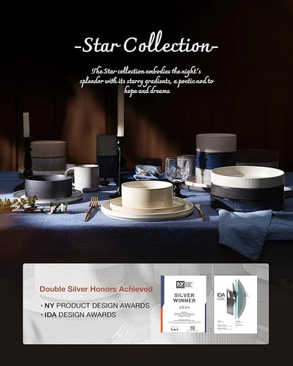 Famiware Star Dinnerware Set, Plates and Bowls Sets for 8 (24pcs), Ribbed Stoneware Dishes - Chip & Scratch Resistant, Microwave & Dishwasher Safe, Multicolor - Cappuccino White & Nebulas Blue