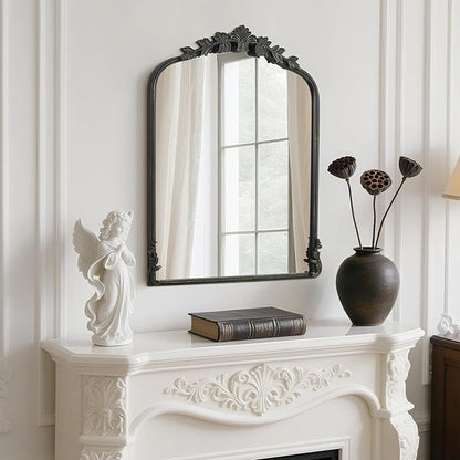WallBeyond Black Antique Mirror for Vanity 22x30 Inch, Black Vintage Mirror with Ornate Frame, Arched Vintage Wall for Bathroom, Living Room, Fireplace