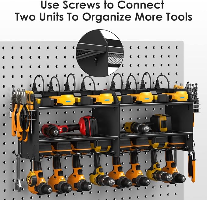 CCCEI Modular Power Tool Organizer Wall Mount with Charging Station. Garage 4 Drill Storage Shelf with Hooks, Screwdriver, Drill Bit Heavy Duty Rack, Tool Battery Holder Built in 8 Outlet Power Strip.