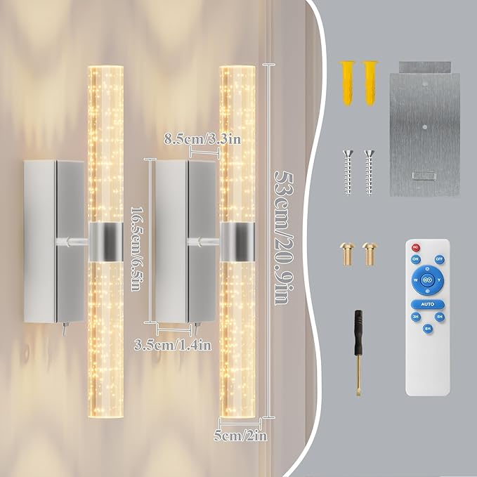 camuucci Battery Operated Sliver Wall Sconces Set of 2 Rechargeable Battery Powered Wall Light with 12000mAh Not Hardwired Dimmable Wall Lamp Fixtures for Bedroom Living Room 20.9 Inches