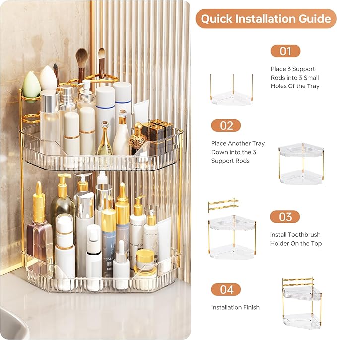Corner Bathroom Counter Organizer with Makeup Brush Holder & Toothbrush Holders, Makeup Organizer for Vanity Countertop, Acrylic Skincare Storage Shelf (Clear, 2-Tier)