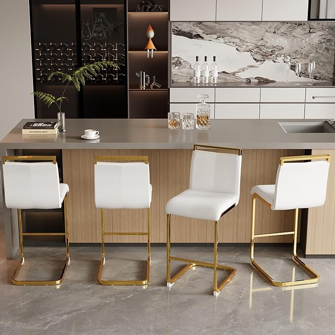 Bar Stools Set of 4,Gold Bar Stools with Back,25" White Island Chairs with Gold Chrome Plated Metal Leg,Faux Leather Counter Height Barstools for Pub Kitchen Counter Dining Chair