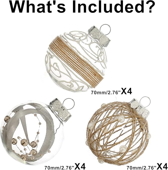 XmasExp Christmas Ball Ornaments Set, Farmhouse Rustic Christmastree Decorations,12ct Large Shatterproof Plastic Hanging Ornaments, 70mm/2.76", Beige