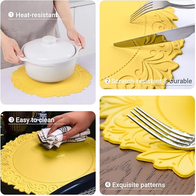 Noctiflorous Round Faux Leather 15 Inch Placemats Set of 6 Waterproof Wipeable Heat Resistant Tablemat for Dining Table Kitchen Non Slip Washable Oilproof Table Place Mat(Mango Yellow, 6)
