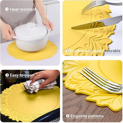 Noctiflorous Round Faux Leather 15 Inch Placemats Set of 6 Waterproof Wipeable Heat Resistant Tablemat for Dining Table Kitchen Non Slip Washable Oilproof Table Place Mat(Mango Yellow, 6)