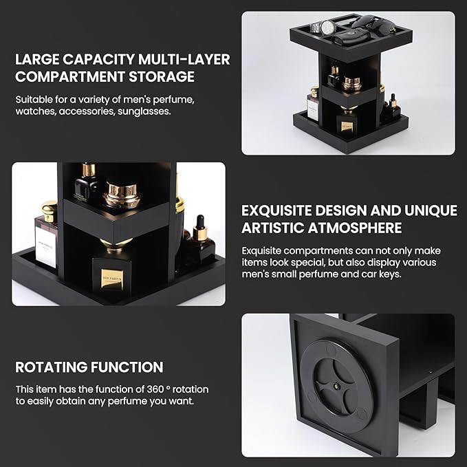 EXIN DECHEN Cologne Organizer for Men,Cologne Stand,3 Tier Large Capacity Wood Perfume Shelf with Rotate,Desk & Nightstand Organizer,Mens Husband Birthday Gifts Ideas,Gifts for Men(Black)