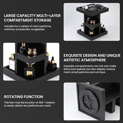EXIN DECHEN Cologne Organizer for Men,Cologne Stand,3 Tier Large Capacity Wood Perfume Shelf with Rotate,Desk & Nightstand Organizer,Mens Husband Birthday Gifts Ideas,Gifts for Men(Black)