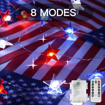 suddus 4th of July Decorations Red White and Blue String Lights Battery Operated 40 Led Star Fairy Lights for Independence Day Memorial Day