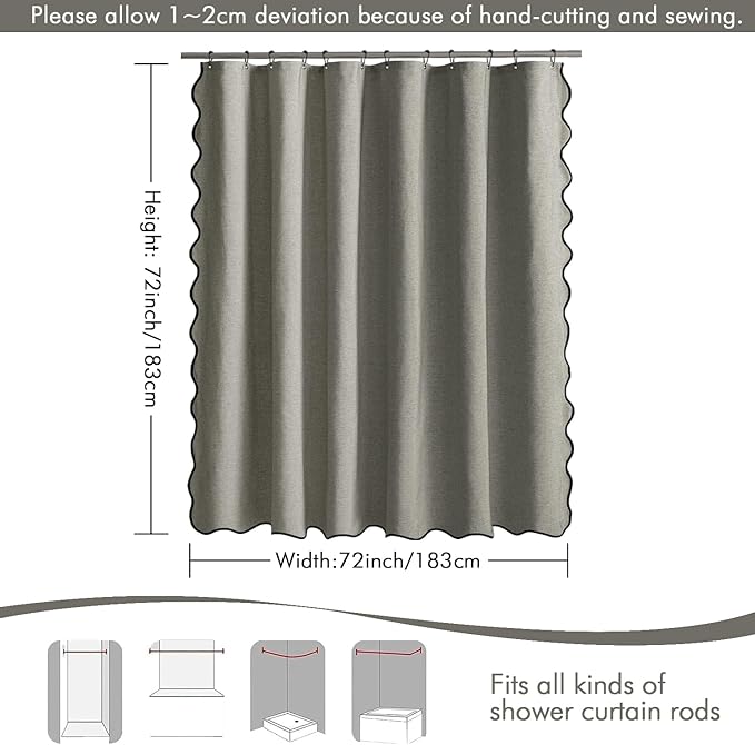 MIULEE Grey Scalloped Shower Curtain Linen Textured with 12 Metal Hooks Cute Heavy Duty Washable Waterproof Thick Cloth Shower Curtains with Black Border for Bathroom Hotel Bathtub,W72*L72