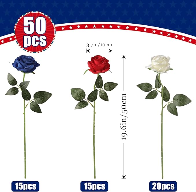 Nubry 50pcs Artificial Silk Roses Bulk,Fake Roses Flower with Stems Realistic Flowers for Wedding Centerpiece Home Party Decor(Red,White,Blue)