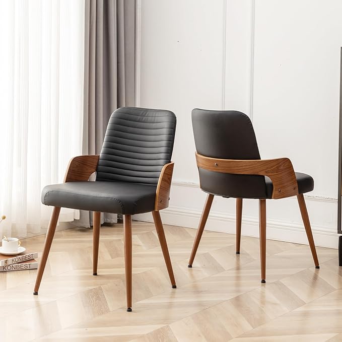 Dining Room Chairs,Mid Century Modern Kitchen Chairs,Upholstered Faux Leather Chairs,Metal Legs Wooden Desk Chairs,Armless and No Wheels for Kitchen Dining Living Room,Black,1PCS