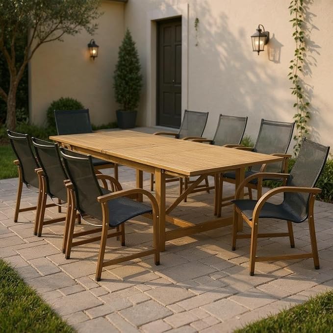Amazonia Franklin 9-Piece Rectangular Extendable Patio Dining Set Teak Finish and Weather-Net Technology Ideal for Outdoors and Indoors