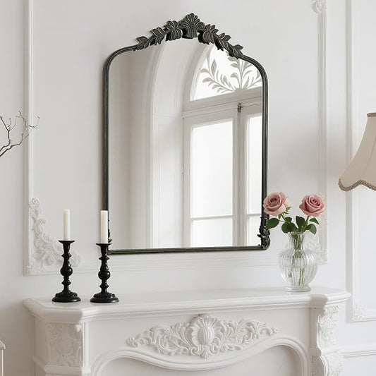 WallBeyond Black Antique Mirror for Vanity 28x36 Inch, Black Vintage Mirror with Ornate Frame, Arched Vintage Wall for Bathroom, Living Room, Fireplace