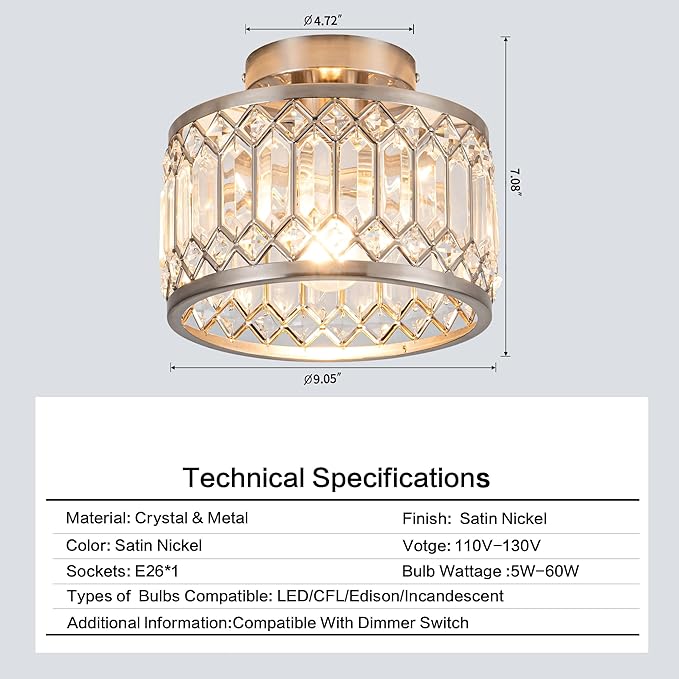 Crystal Ceiling Light Fixture, Modern Semi Flush Mount Ceiling Light,Crystal for Kitchen Bedroom Bathroom Entryway Nickel Finish (Bulb not Included)
